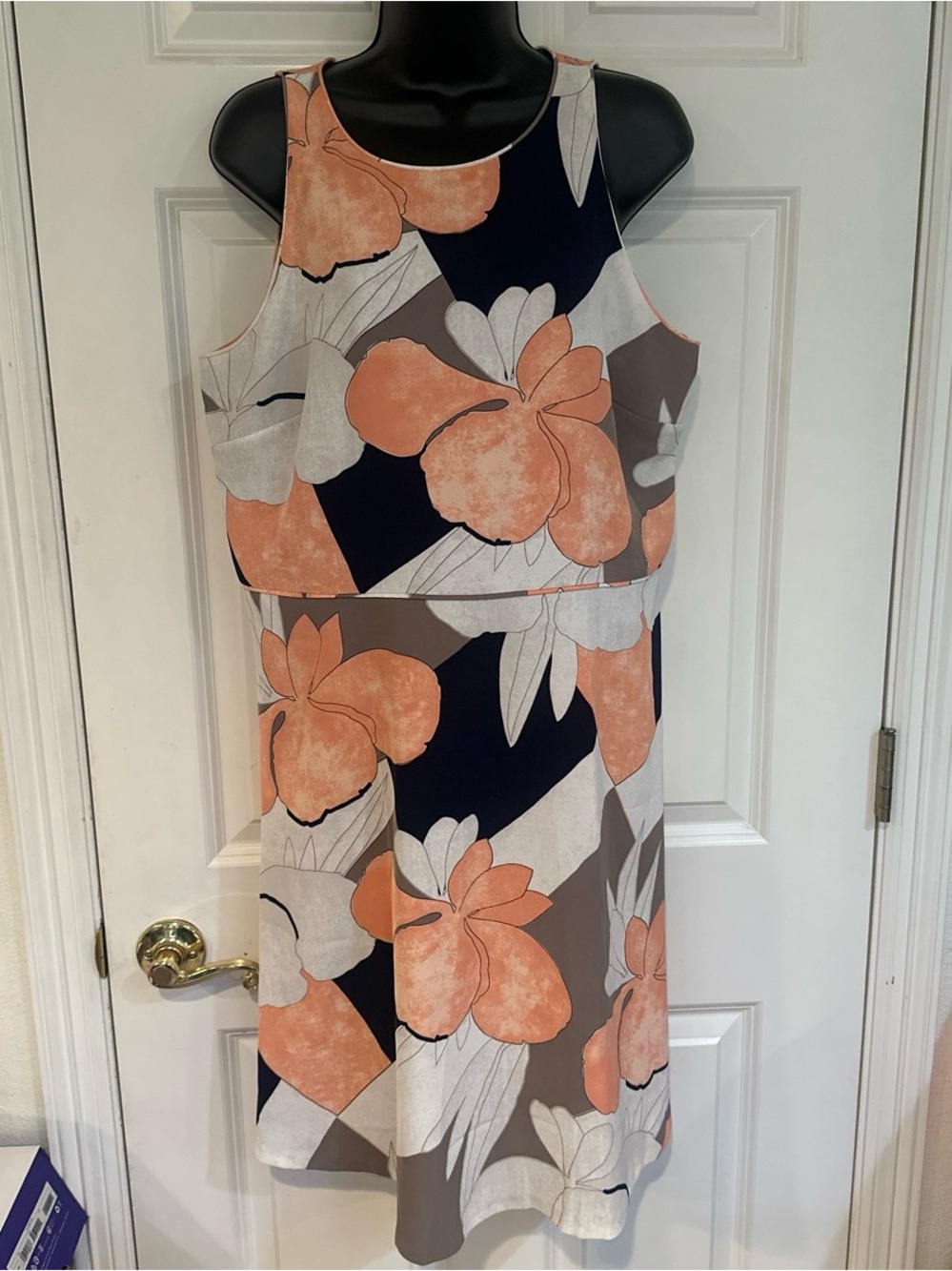 Anne Taylor Floral Sleeveless Peach and Navy Women’s Dress